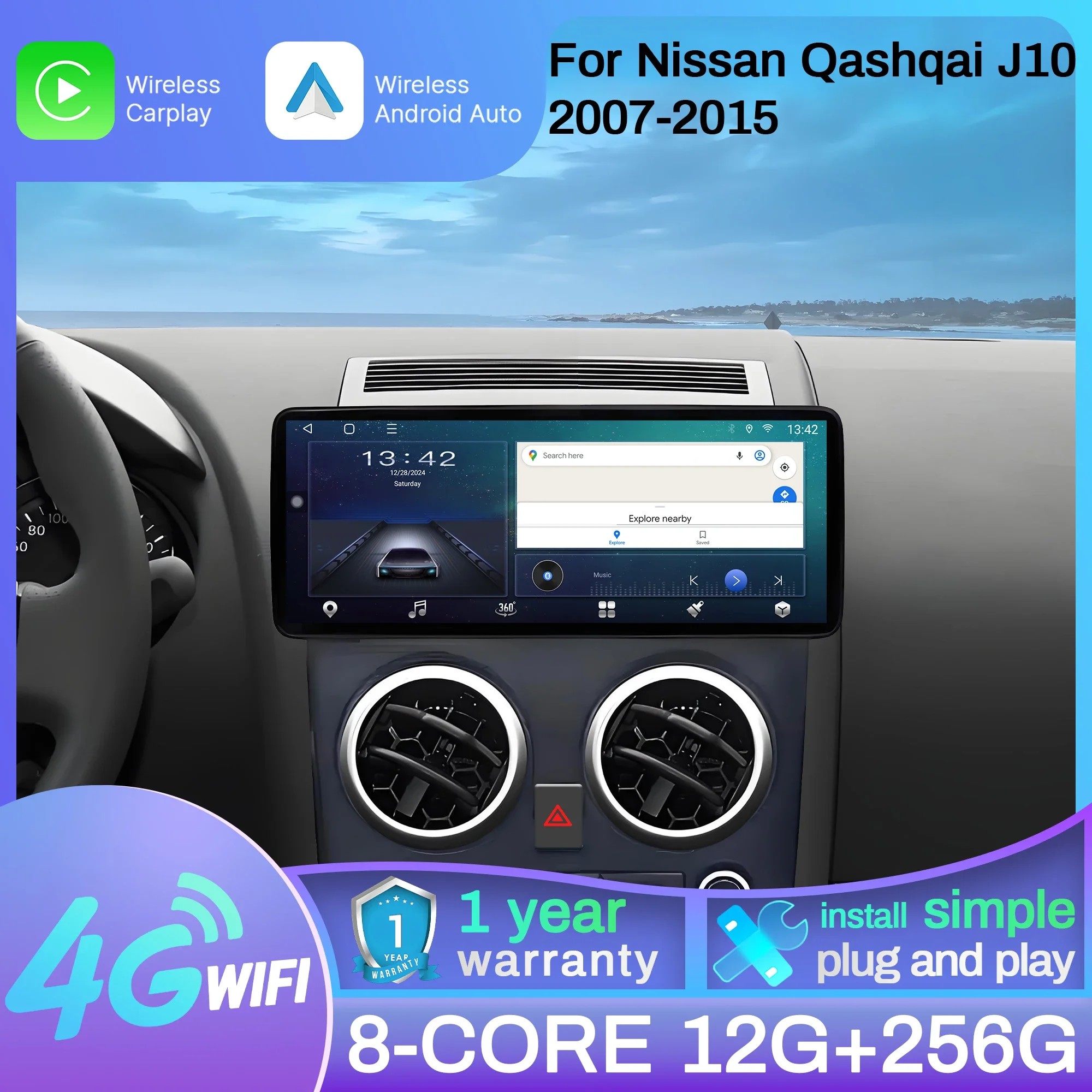 

12.3 inch For Nissan Qashqai J10 2007-2015 Car Radio Android 15 Wireless Carplay Multimedia Navigation Head Unit Touch Screen