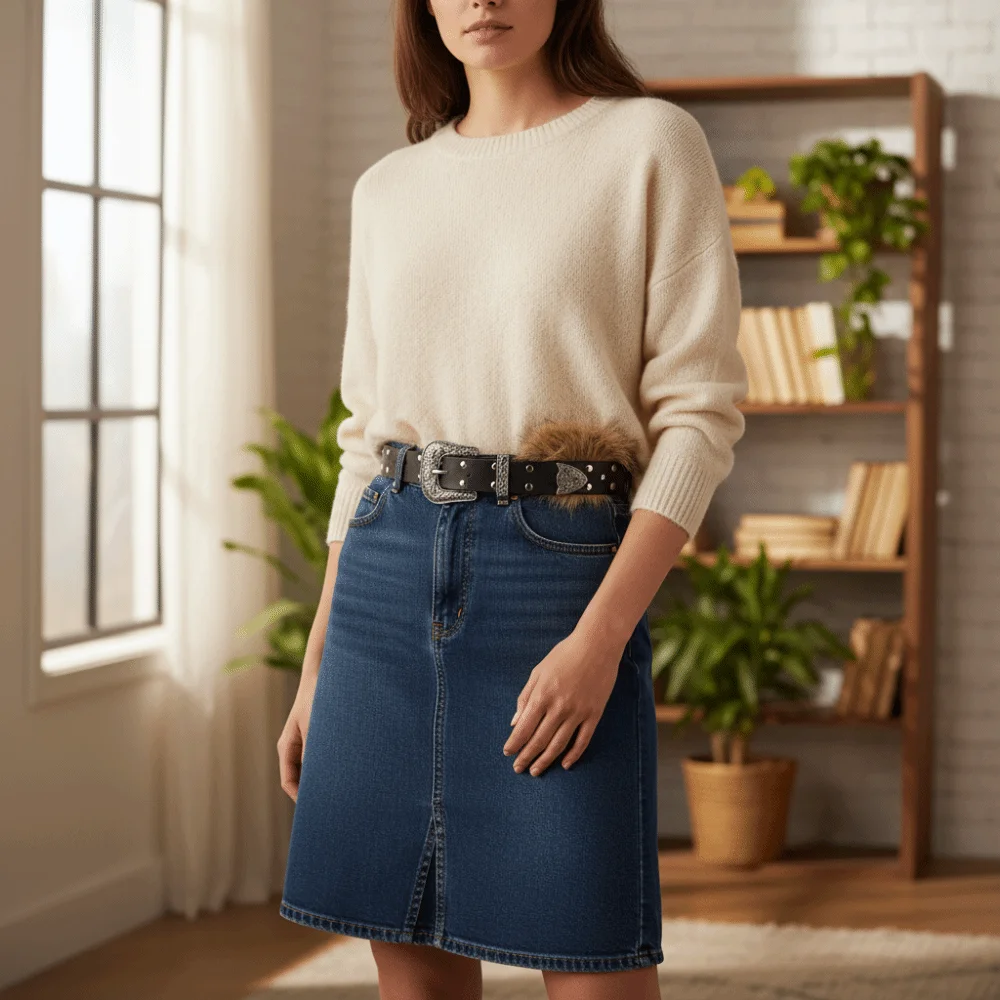 خمر الرجعية الجلود الفراء حزام برشام واسعة الشرير نمط حزام مشبك معدني النمط الغربي Y2K حزام النساء #3