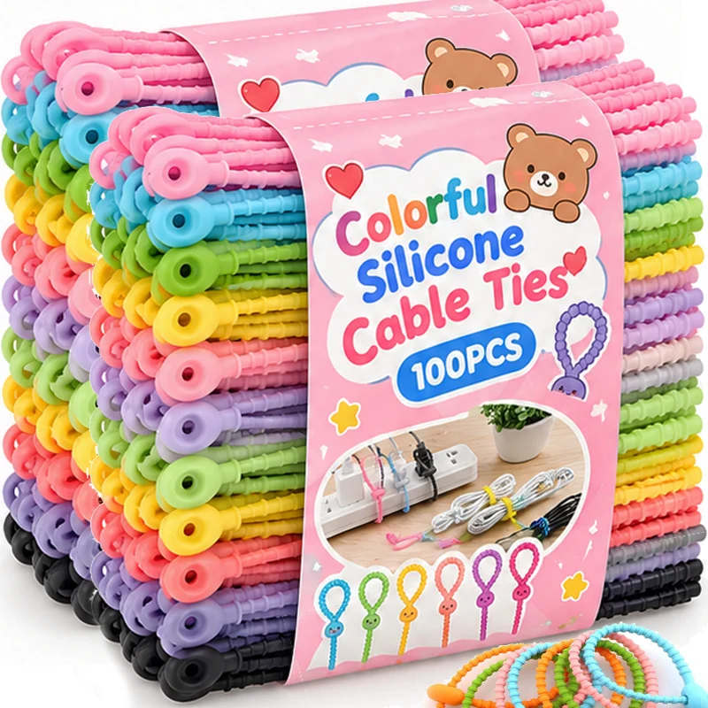 Colorful Silicone Cable Ties Adjustable Power Cord Holder Fastener Buckle Curtain Ties Home Office Cables Fixed Clips Organizer