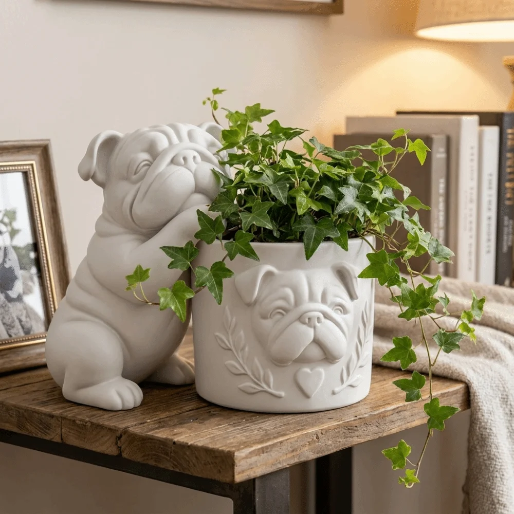 3D Printed Dog Shaped Planter Pot Animal Shaped Handmade Pug Figurine Plant Holder Funny Cute Storage Flower Pot Desktop Display