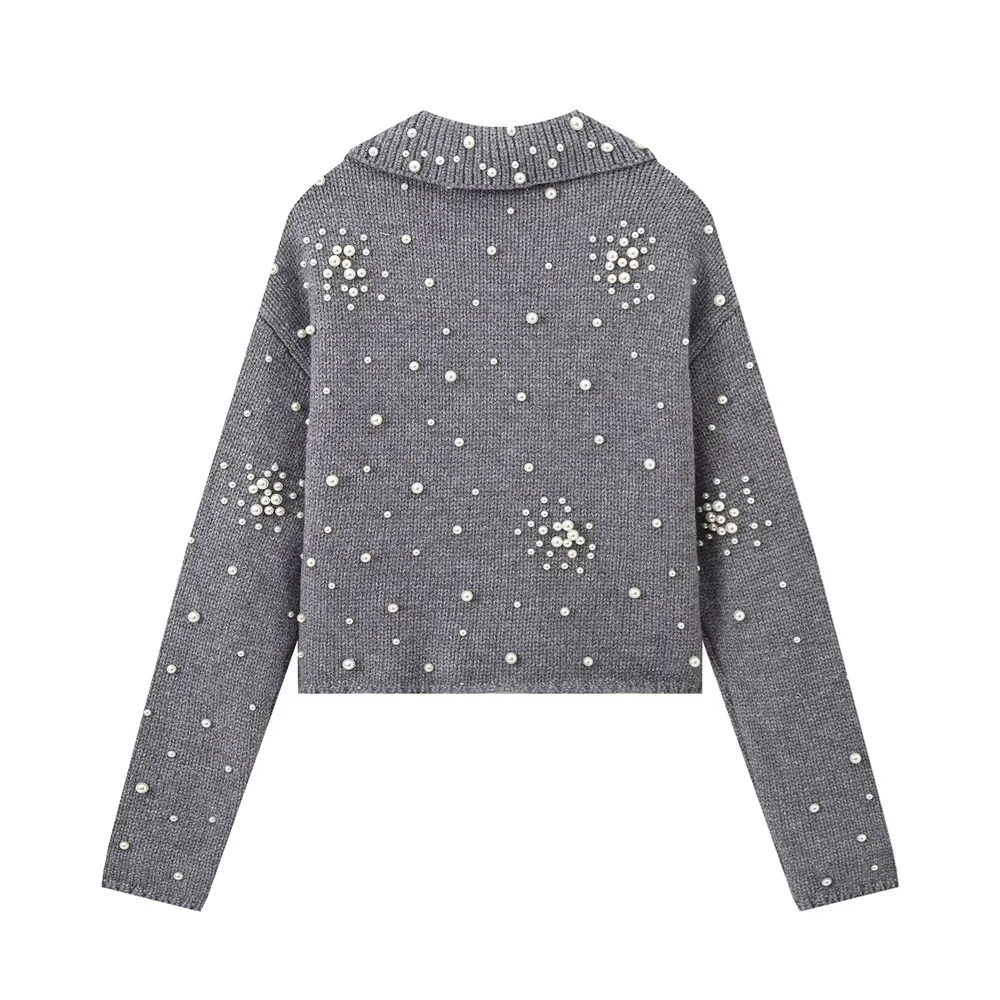 PB&ZA Women\'s Flip Collar Long Sleeve Pearl Decoration Autumn/Winter New Knitted Cardigan Coat