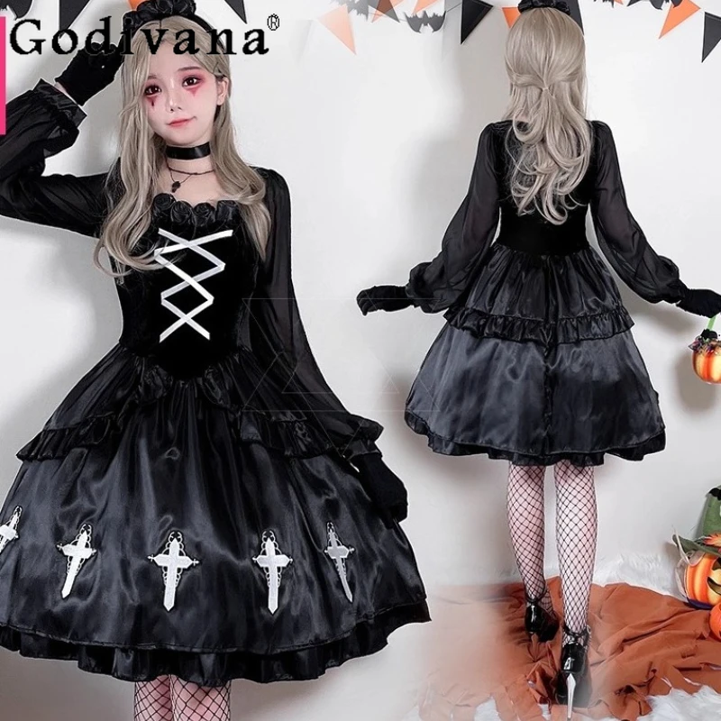 

Halloween Cosplay Uniform Gothic Dark Black Dress Sweet Cool Girl Loli Long Sleeve A-line High Waist Ruffles Japanese Dresses