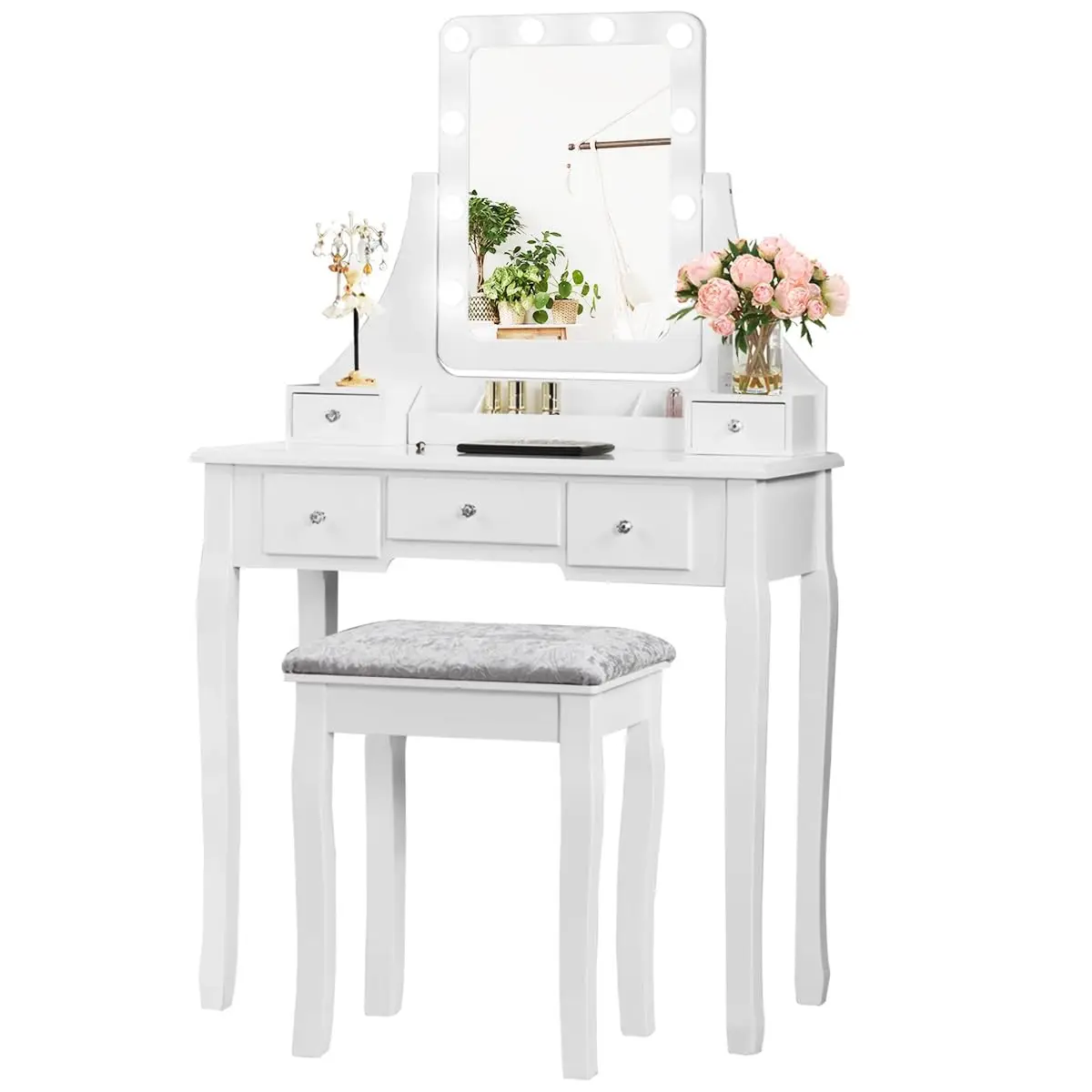 360 Mirror Vanity Table w/ Stool, 10 LED Bulbs Makeup Desk, 5 Drawers & Organizer Bedroom Dressing Table, White, Customized