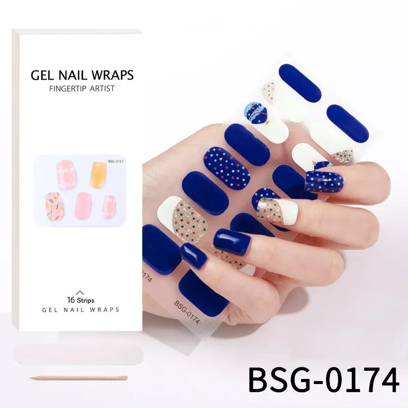 

16 Tips Semi-cured Gel Nail Sticker 3D Hot Stamping Nail Polish Strips Full Cover Nail Art Decoration Polish Film on The Nails