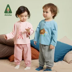 Amila Baby Underwear Set 2023 Autumn New Animal Furniture Element Printing  Boys Girls Cotton Children Suit Homewear Clothes