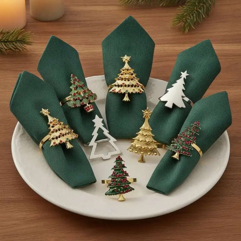 Christmas Napkin Rings Pine Wreath Design Wooden Xmas Napkin Holders 8Pcs for Rustic Style Xmas Dinner Table Decoration