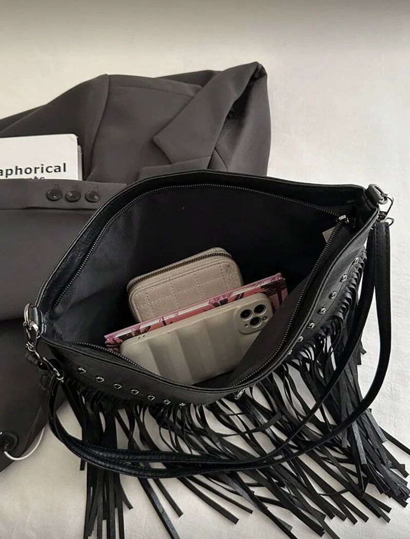 Fashionable Retro Leather Crossbody Bag, Bohemian Style Shoulder Bag, Square Wallet with Tassel and Rivet Cross Decoration, for Casual Travel and Daily Use, Portable Business Work Backpack, Crossbody Bag, Hobo Style Tassel Crossbody Wallet, Small Handbag view 5