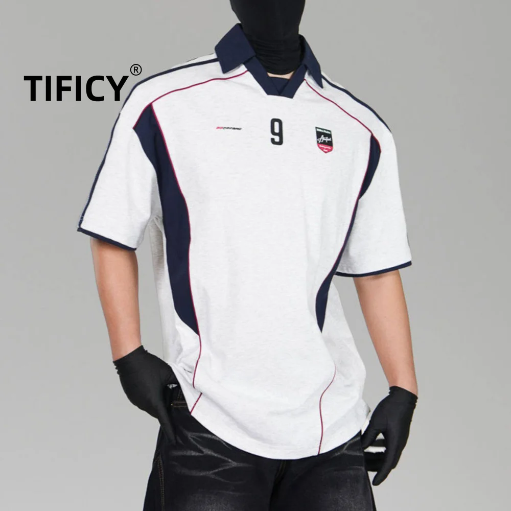 High Street Tees Men's Summer American Street Polo Shirt Patchwork Short Sleeved T-shirt V-neck Jersey Casual Racing Suit