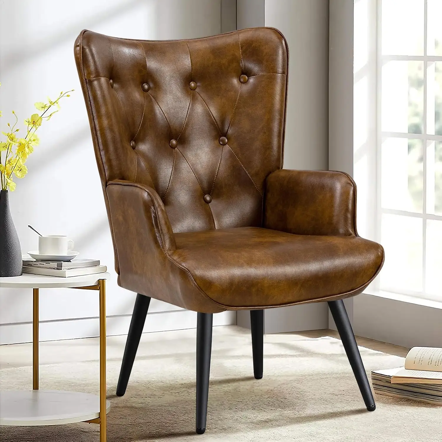 PU Leather Accent Chair, Upholstered High Backrest Tufted Wingback Armchair for Living Room Bedroom Office, Brown, Customized