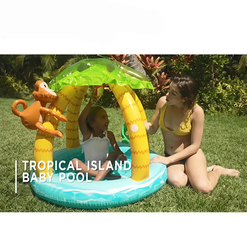 Tropical Island Coconut Tree Design Inflatable Baby Pool Kiddie Swimming Pool with Sunshade Canopy 1-3Y Fun Outdoor Water Play