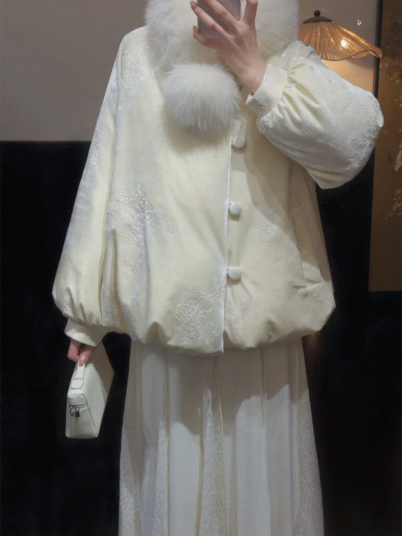 

Korean College Sle Lamb Fur Collar Cotton Jaet Women Loose Thi Warm White Cotton Coat Outerwear Long Sve Regular Fit