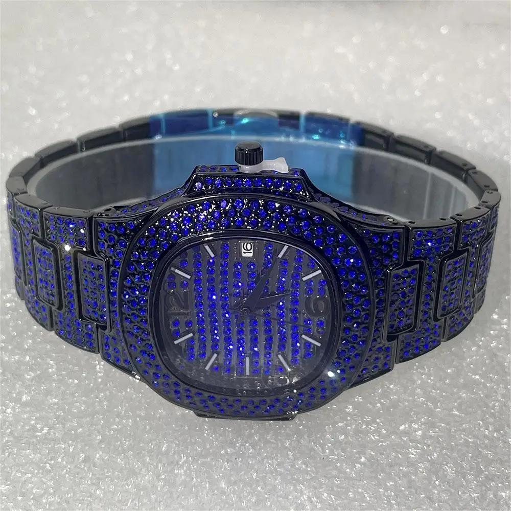 2024 Hot Iced Out Watch For Mens Fashion Stainless Steel Quartz Wristwatch Hip Hop Blue Diamond Jewelry Watches Man Reloj Hombre