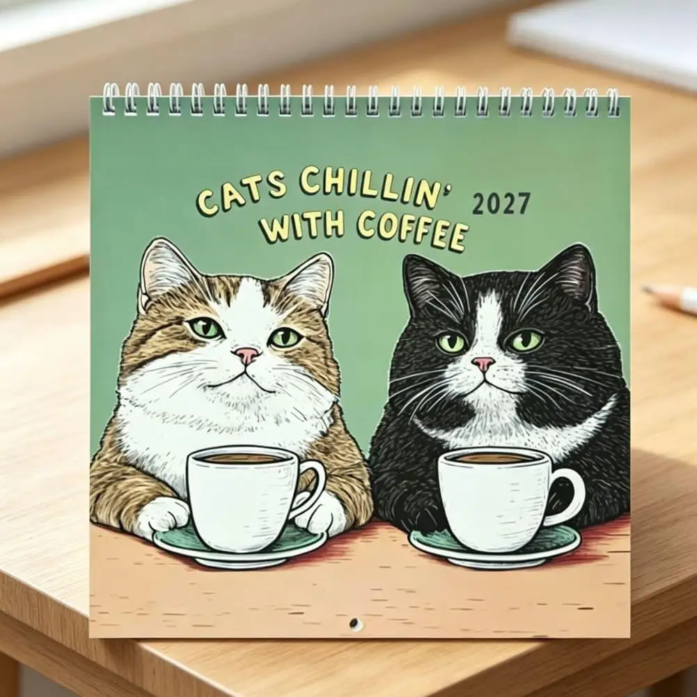 Newest 2027 Cat Wall Calendar Cats Chillin' With Books Coffee Creative Calendar Cat Lover Wall Calendar New Year Christmas Gifts