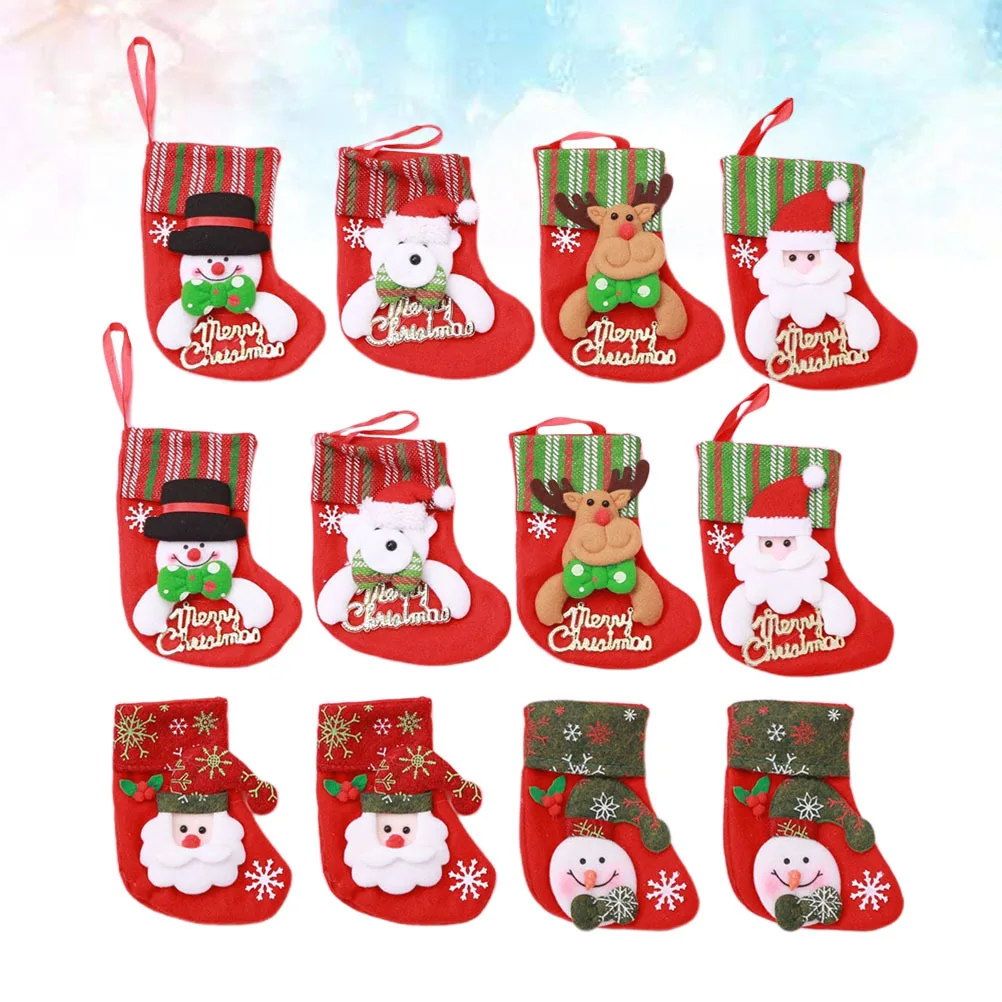 

12 pcs Christmas Sock Candy Bag Gift Pouch For Premium Fabric Holiday Party Decoration Tree Hanging Ornament Stocking