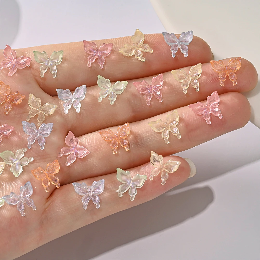 50g 3D Lodowe Przezroczyste Różowo-Żółte Ozdoby do Paznokci w Kształcie Motyli Żywica Śliczne Płaskie Motyle Biżuteria do Paznokci Manicure DIY Dekoracja 300szt.