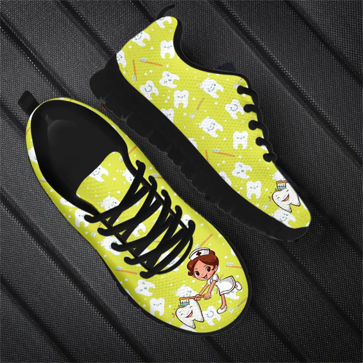 Fashion Paramedic Nursing Flats Kawaii Teeth Print Cozy Light Sneakers Fall Student Casual Non-slip Lace Up Walking Shoes