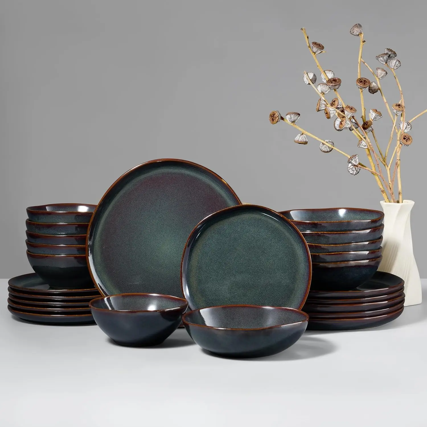 24-Piece Stoneware Dinner Set, Hand-painted Moss Green Dishware for 6, Microwave & Dishwasher Safe