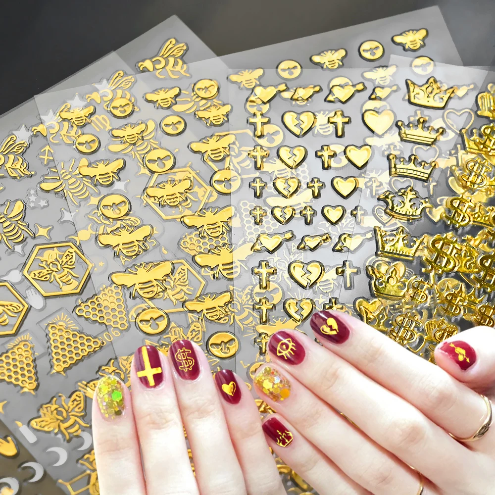 1Pcs Golden Bee Crown Luxery Nail Sticker Honeybee Money/Dollars/Heart Adhesive Sticker For Nails Design Hot Stamping Nail Decal