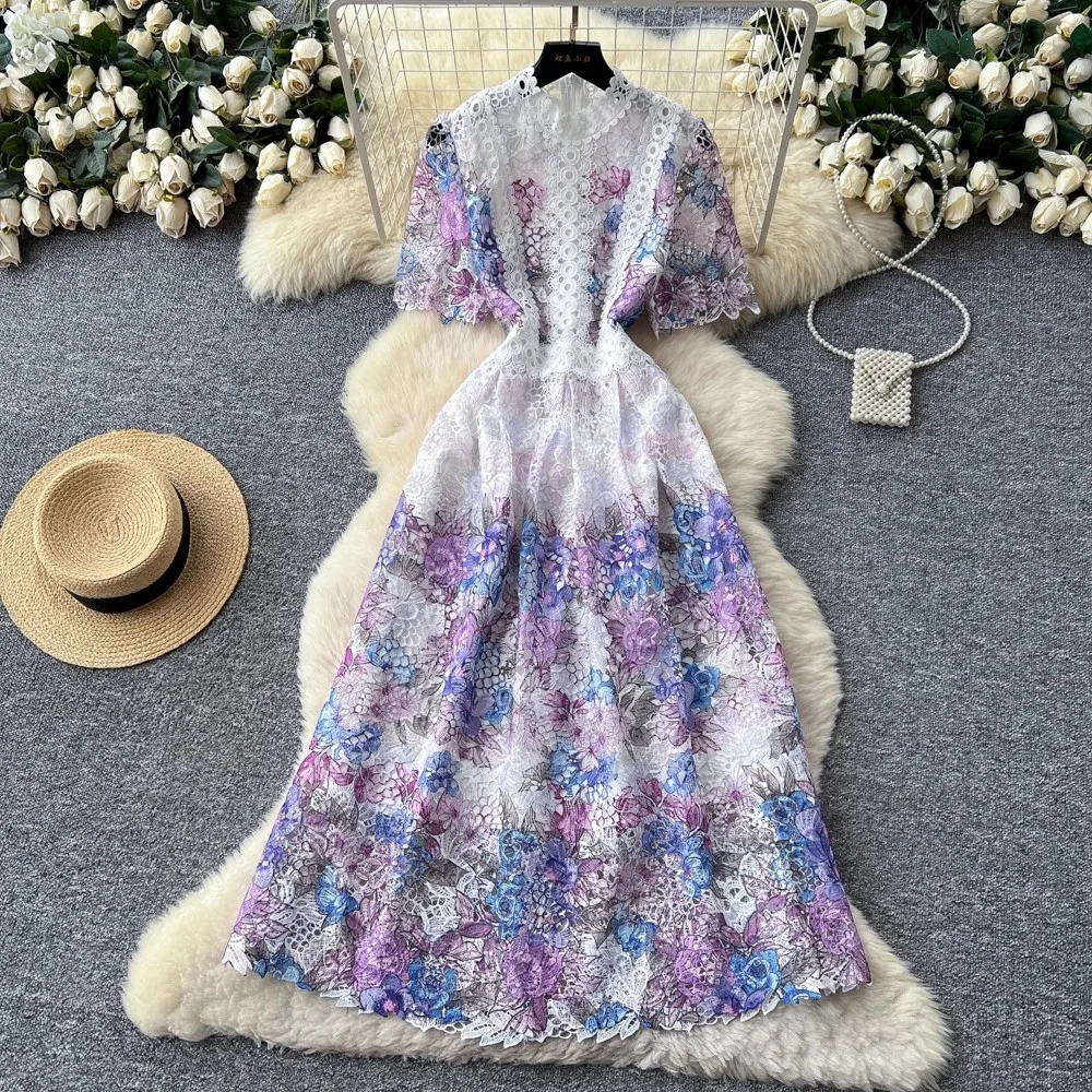 

Designer Runway Summer White Flower Embroidery Evening Dress Women Short Sleeve Sexy Hollow Out Waist Long Vestidos Lace Dresses