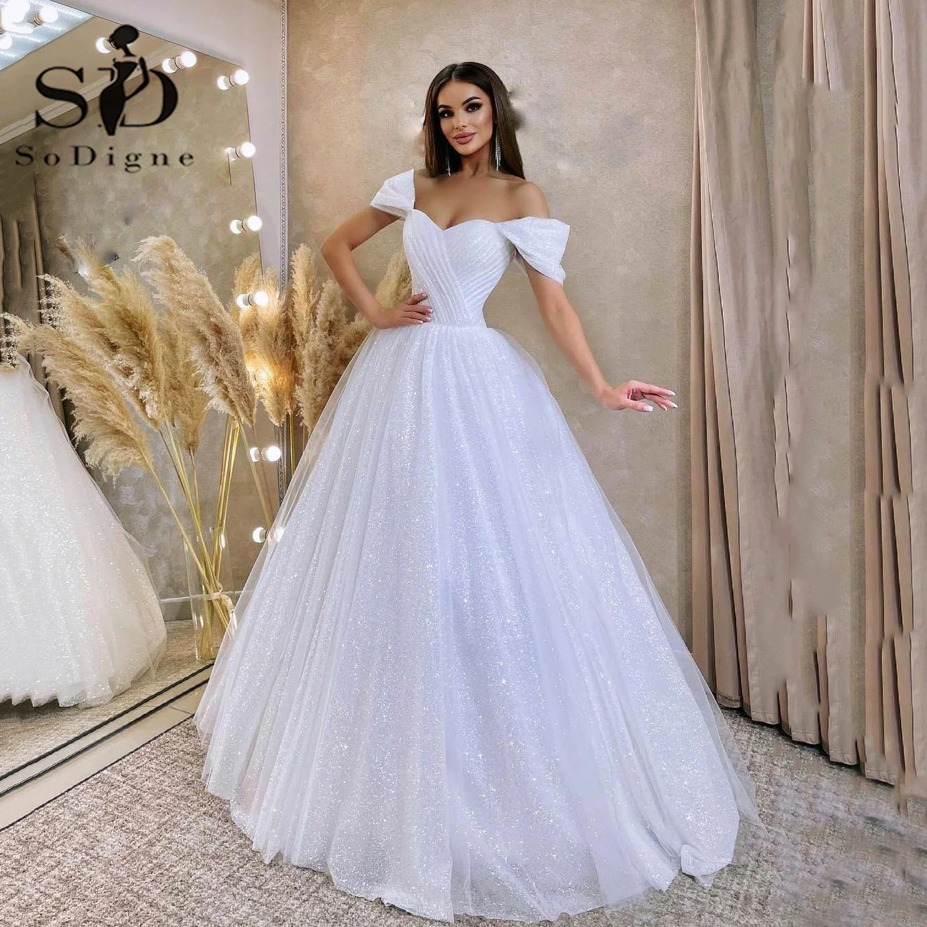 SoDigne 2022 Shiny A Line Wedding Dresses Off Shoulder Boho Bride Dress Glitter Wedding Gowns Princess Vestido de Noiva