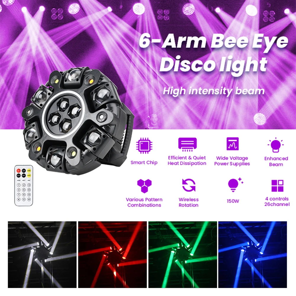 150W Moving Head Disco Light Remote Control 6-Arm Bee Eye LED Beam DJ Mobile Stage Effect Lights for Club Party Concert Theater