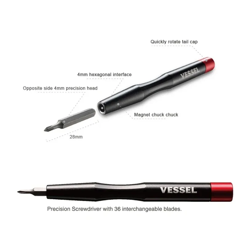 VESSEL 9836 طقم مفك برغي 36 قطعة، لقم مفك براغي قابلة للاستبدال مفك براغي صغير لأداة إصلاح زجاج ساعة الكاميرا