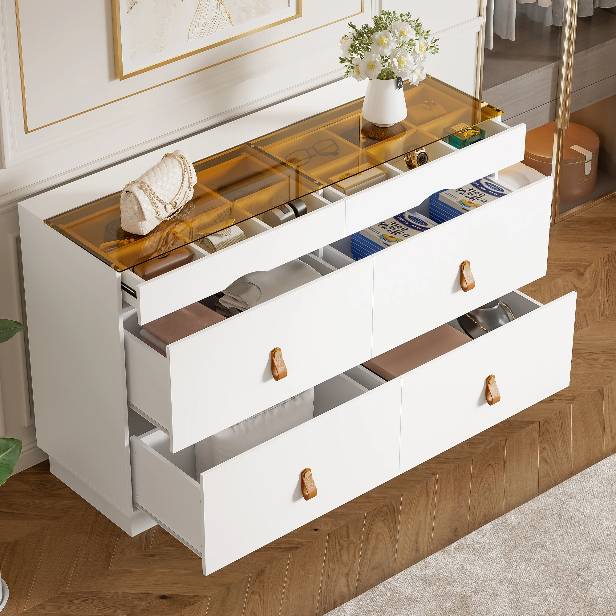 Cómoda de 6 cajones, con tablero de vidrio y almacenamiento compartimentado, estructura estable, para dormitorio, paneles de partículas - Blanco