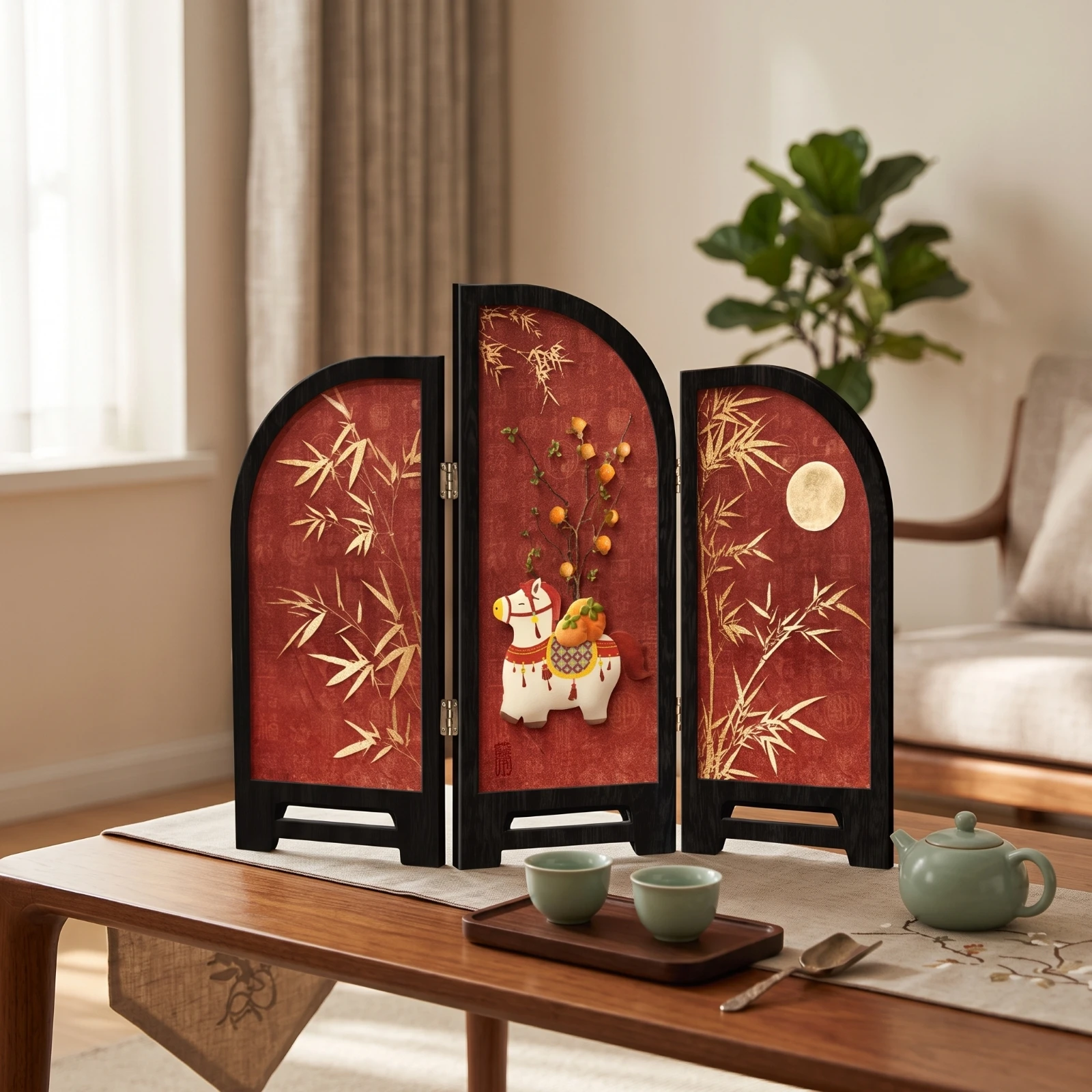 Desktop Screen with Arched Panels Tabletop Three-Panel Folding Screen for Cabinet, Tea Table