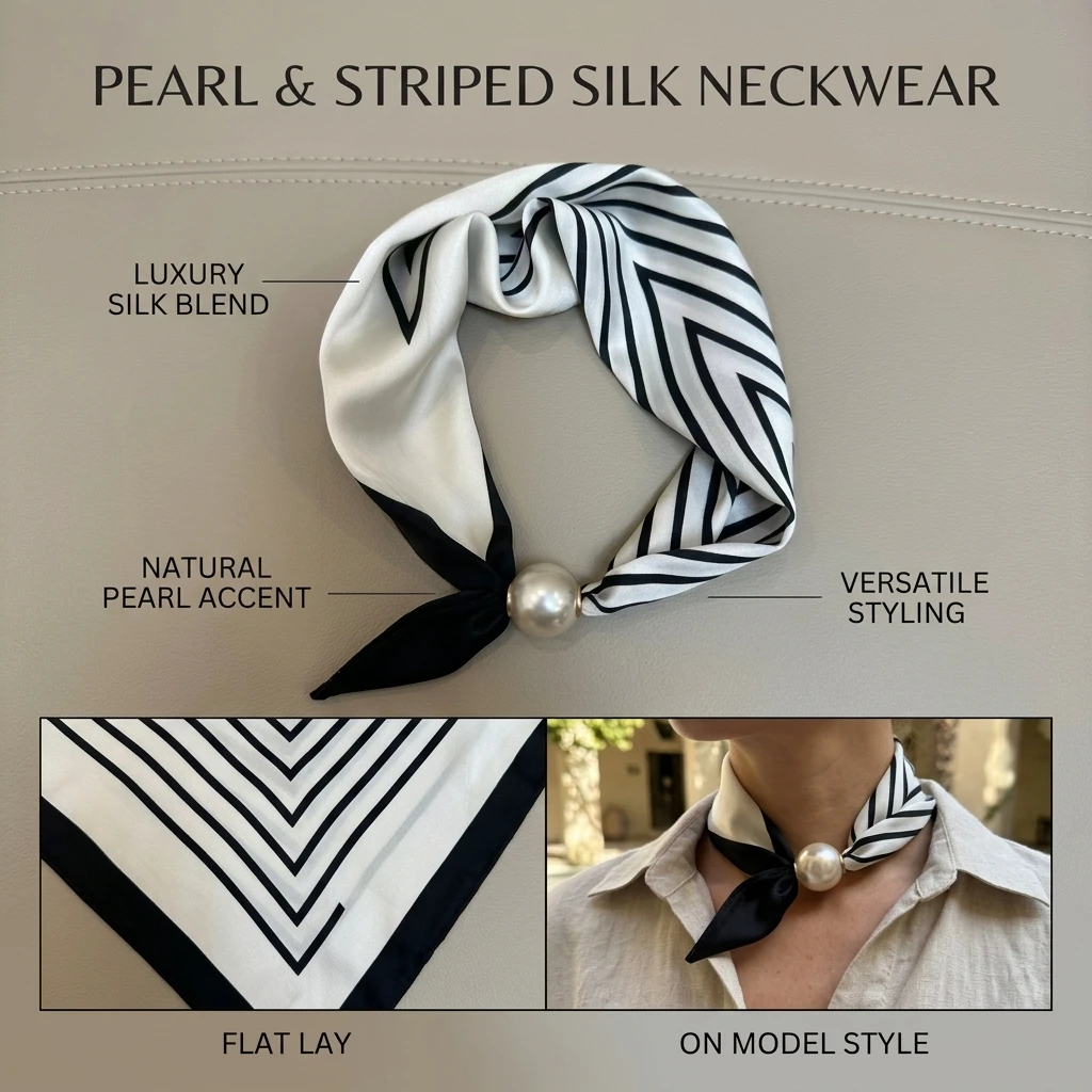 Pearl Silk Scarves For Women Ties Magnetic Clasp French Retro Silk Feel Neck Bows Jewelry Elegant Adjustable Summer bech scarves image 4
