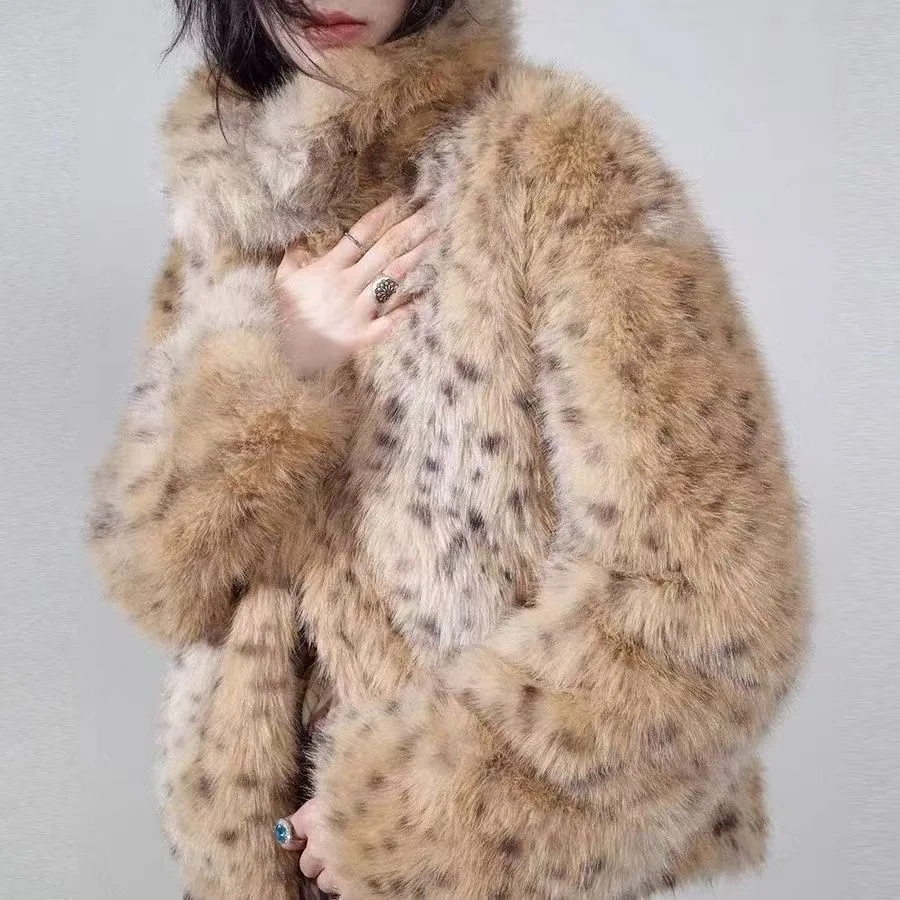 Loose Fit Long Sve Faux Fur Collar Jaet Women's Casual Sle Autumn Winter New Arrival Outerwear Coat Leopard Pattern