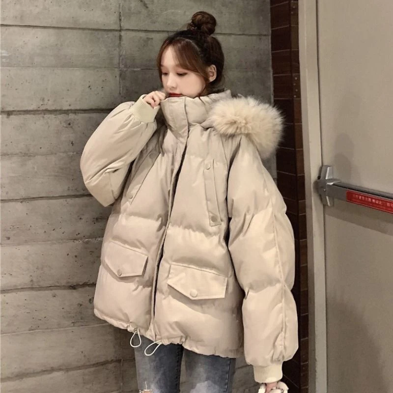 Parkas com capuz para mulheres casaco de algodão sólido casual coreano Harajuku solto, puffer acolchoado grosso e quente, jaqueta de bolha para senhoras, inverno