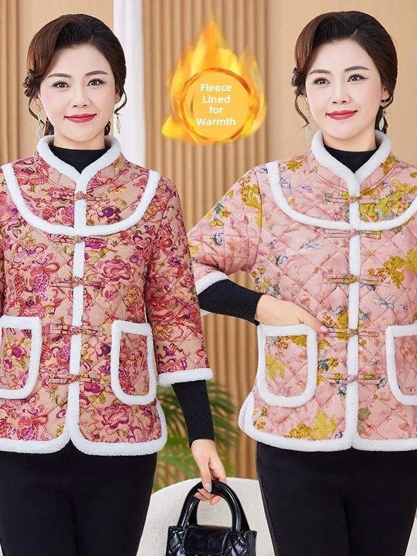 

Утепленная хлопковая куртка на флисовой подкладке с ветрозащитными пуговицами для осени и зимы, средней теплости, в модном китайском стиле для мам.