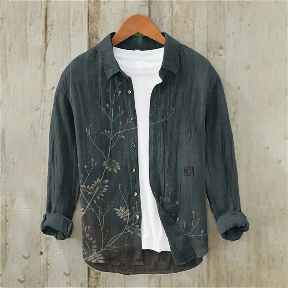 Men's Long Sleeve Shirt Linen Shirt Japanese Vintage Plum Blossom Illustration Casual Loose High Quality Men's Clothing
