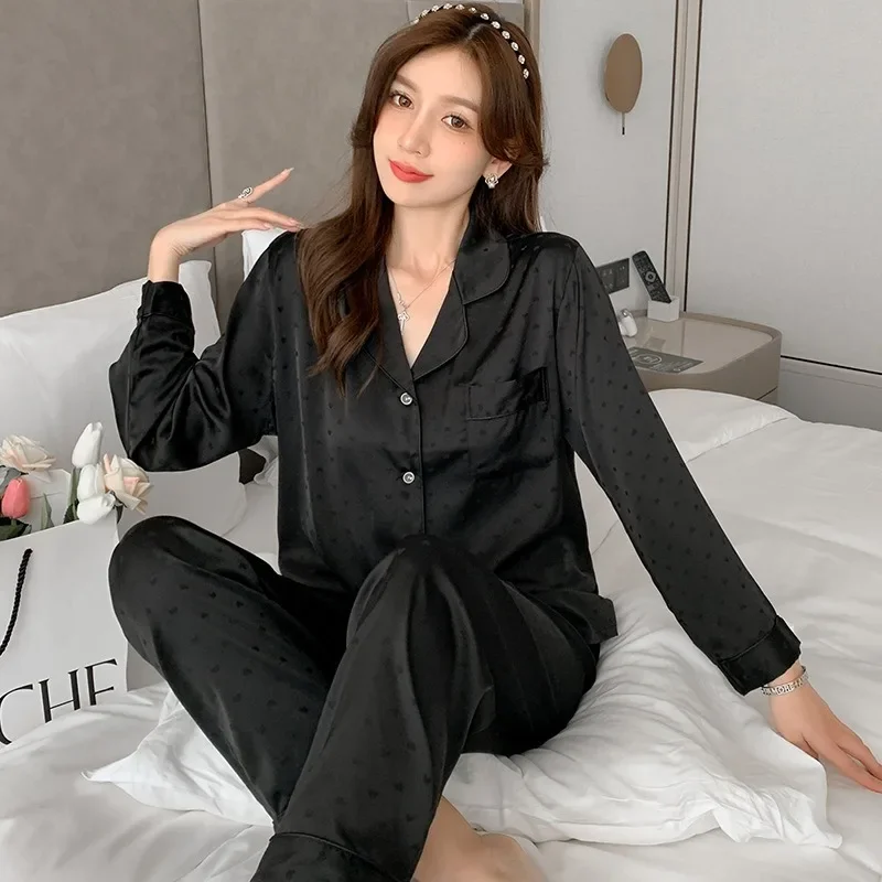 High Quality Pajamas Suit Women Spring Autumn Ice Silk Jacquard Long Sleeve Sleepwear Suit Large Size Female Thin Loungewear