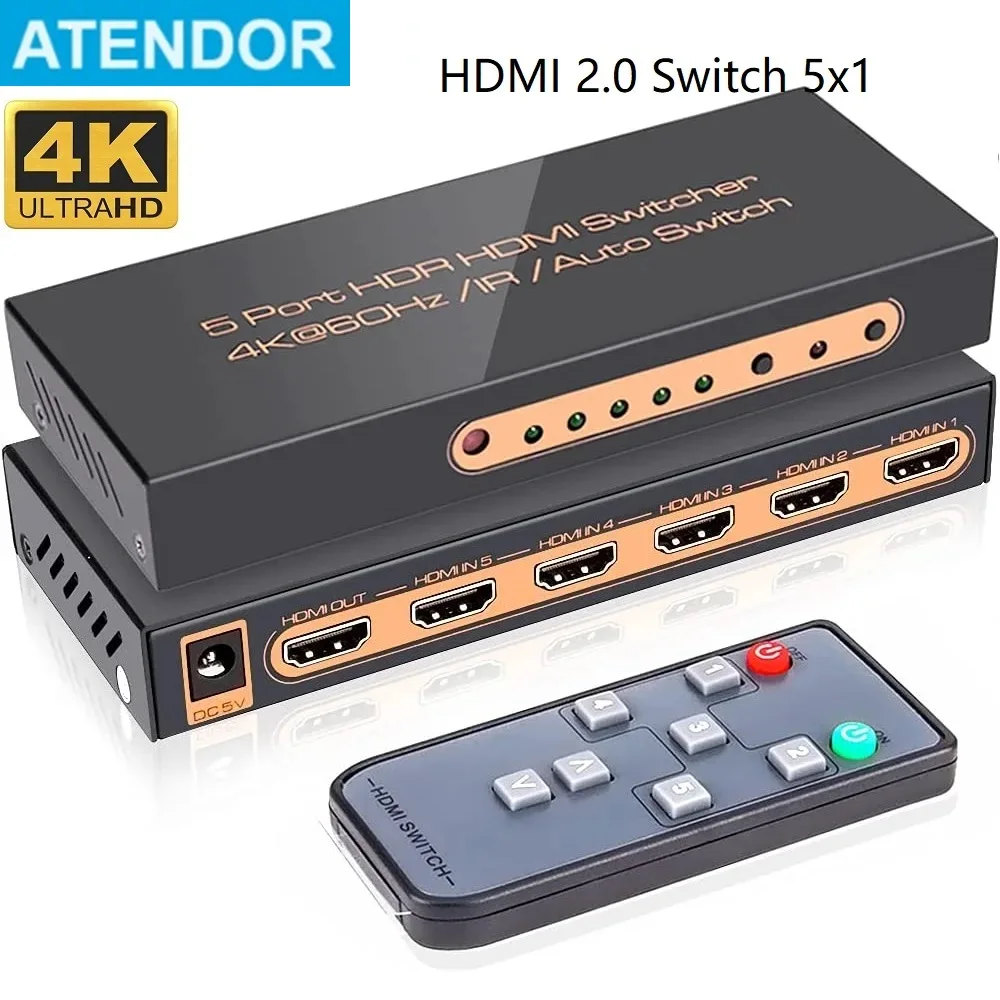 

HDMI-compatible 2.0 Switcher 5 In 1 Out Selector UHD HDR10+ 4K60Hz 5 Port 4K Remote IR Control 18Gbps HDCP2.2 Auto Switch