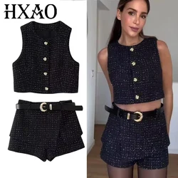 HXAO Plaid Women's Two Pieces Set Sleeveless Vest Outerwears Tweed 2 Pieces Belt Black Mini Skirt Pants Autumn Casual Sets