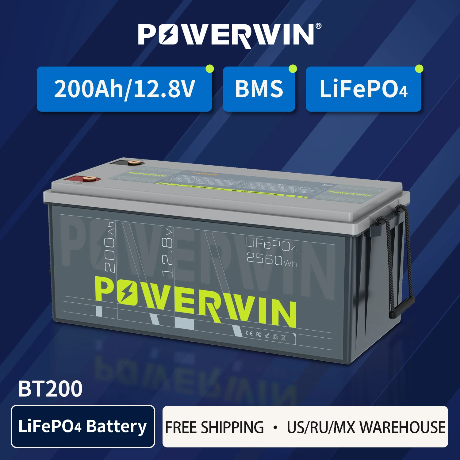 

POWERWIN BT200 12,8 В, 200 Ач, 4000+, аккумулятор LiFePO4 глубокого цикла, 2560 Втч/1280 Вт, встроенная 200 А BMS, солнечная аккумуляторная лодка класса A