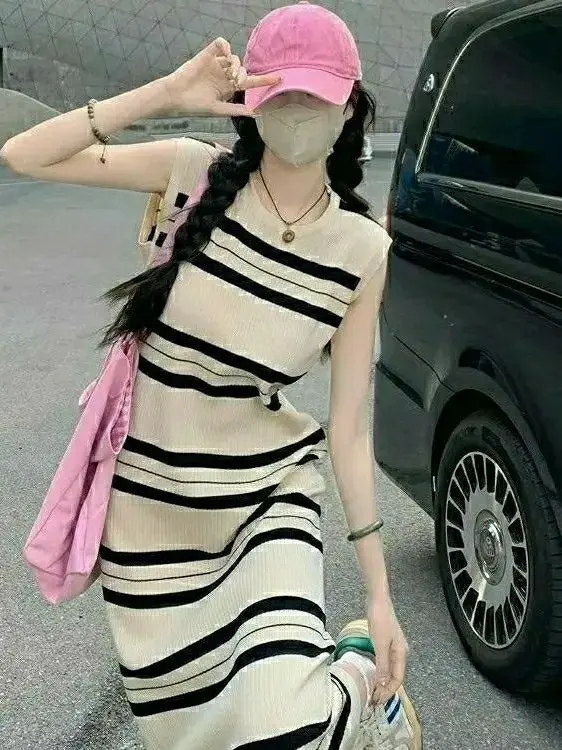 Korean Style Slimming Knitted Vest Dress Striped Sleeveless Midi Skirt High Waist Elastic Band Commute Friendly H-Shape A-Line