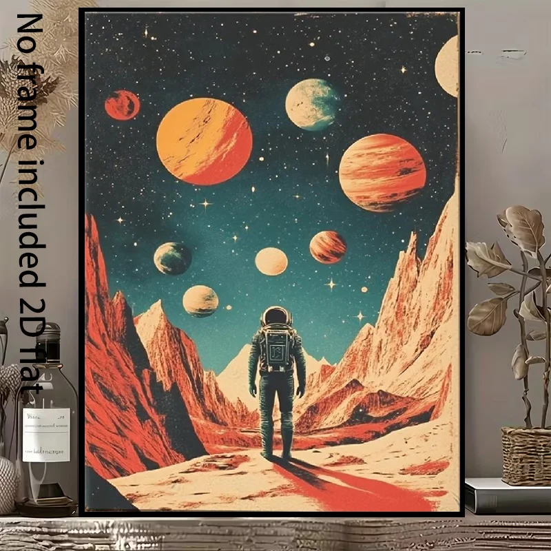 Toile sans cadre, 2D, 1 pièce, Astronaute explorateur de l'espace vertical contemplant une planète extraterrestre - Moderne et minimaliste, idéale pour une chambre.