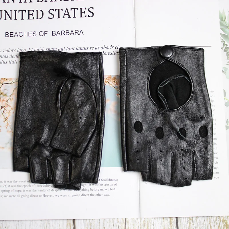 Men's Half Finger Leather Driving Gloves Fashion Hollow Out Single Layer Unlined Short Motorcycle Riding Fingerless Gloves