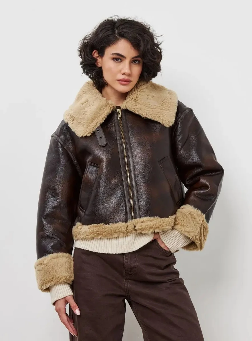 High Street Motorradjacke Fitaylor Winter Damen Kunstpelz Leder Revers Reißverschluss Mantel