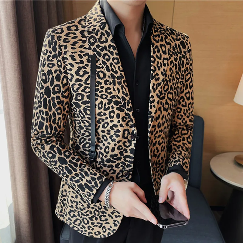 Retro Leopard Pattern Men Blazer British Suit Jacket Casual Vintage Masculino Daily Blazer Slim Hombre Chemish Homme