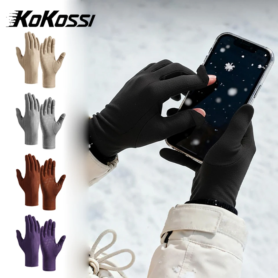 Kokossi inverno fino macio tela de toque luvas térmicas à prova de frio leve forro à prova de vento velo flip dedo das mulheres dos homens luvas