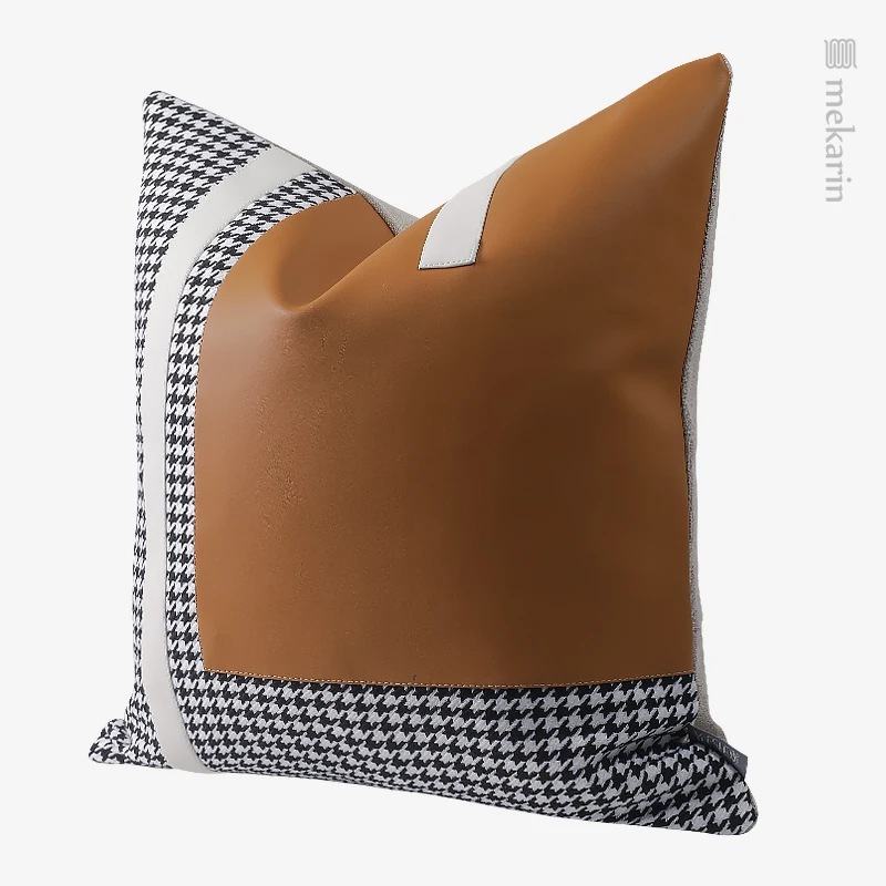 Houndstooth soft orange-gray leather stitching pillow hotel living room sofa cushion villa homestay restaurant cushion