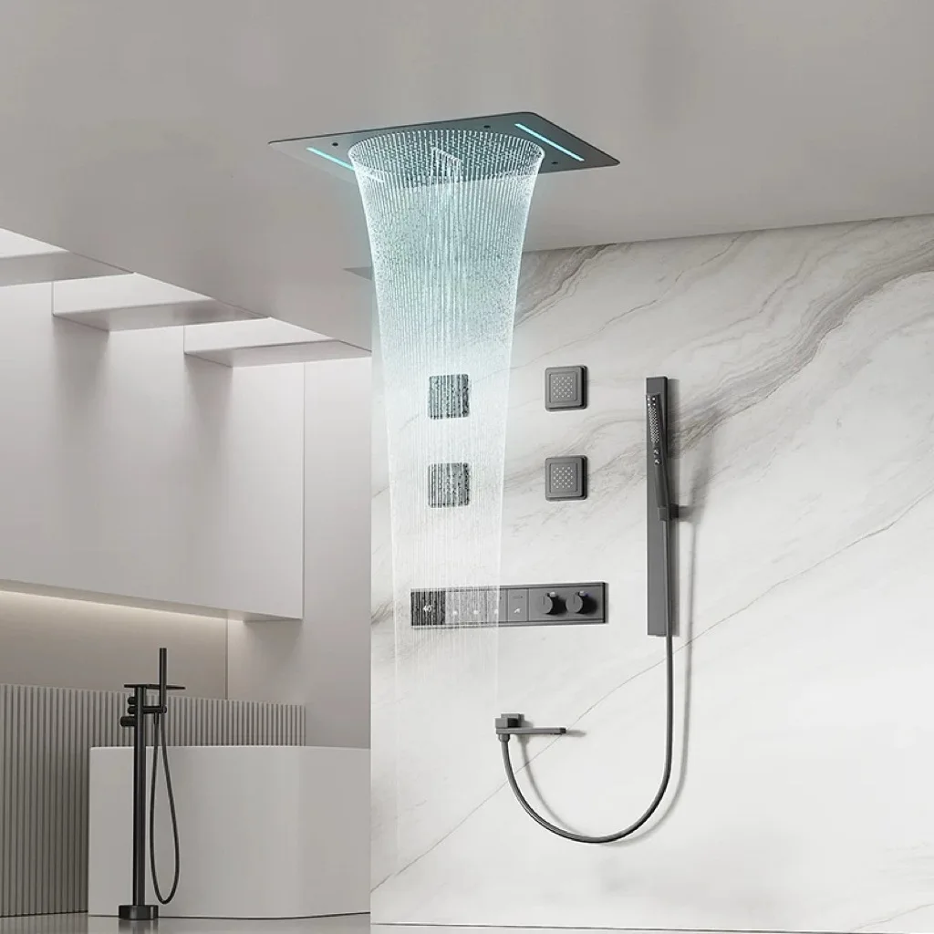 Smart Digital Display Copper Built in Wall Mounted Rain Shower Set with Ambient Light for Bathroom