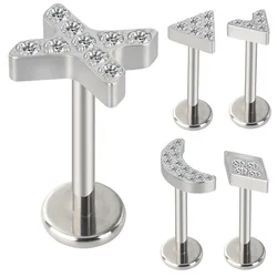 ASTM F136 Titanium EAR PIERC V X Moon Triangle Shape CZ Paved Top Labret Ear Lip Studs Tragus Earring Helix Body Pircing Jewelry