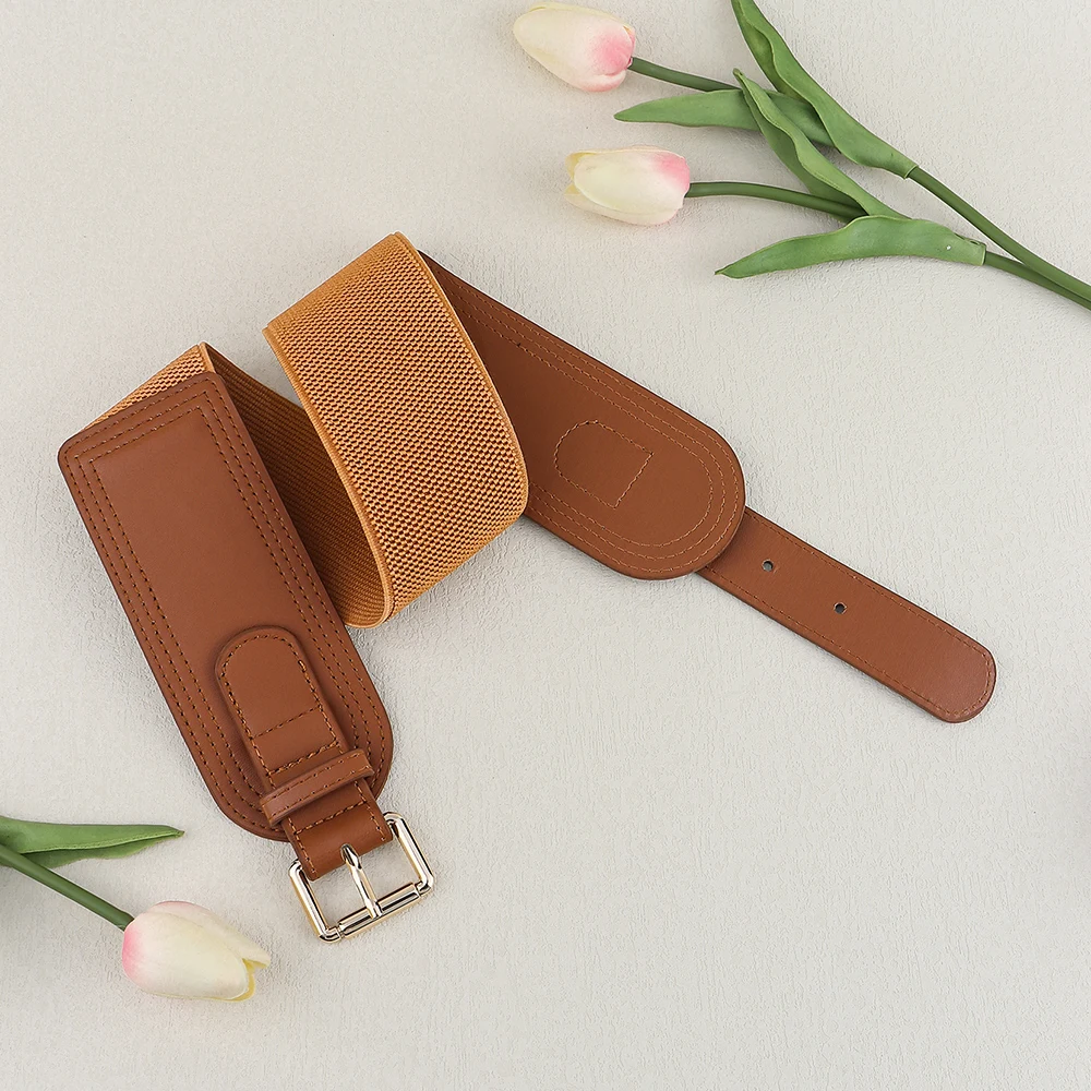 Elastic women's waist seal square pin buckle fashion belt Stretch wide belt with suit jacket image 5