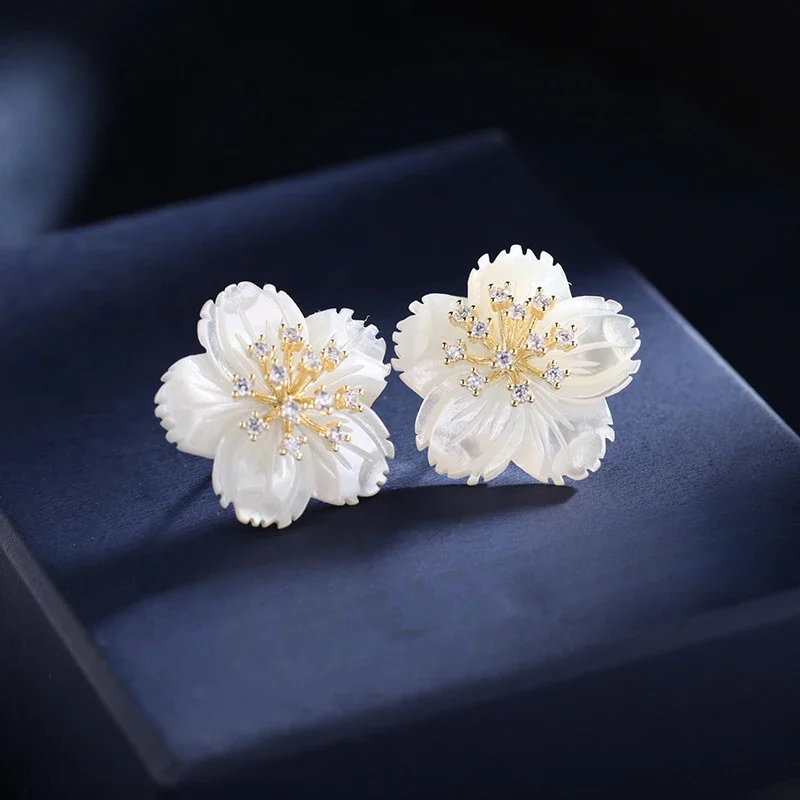 

CHKAWOCI s925 Silver Needle Korean Retro Zircon earrings Female Shell flowers Premium elegant simple sunflower earrings