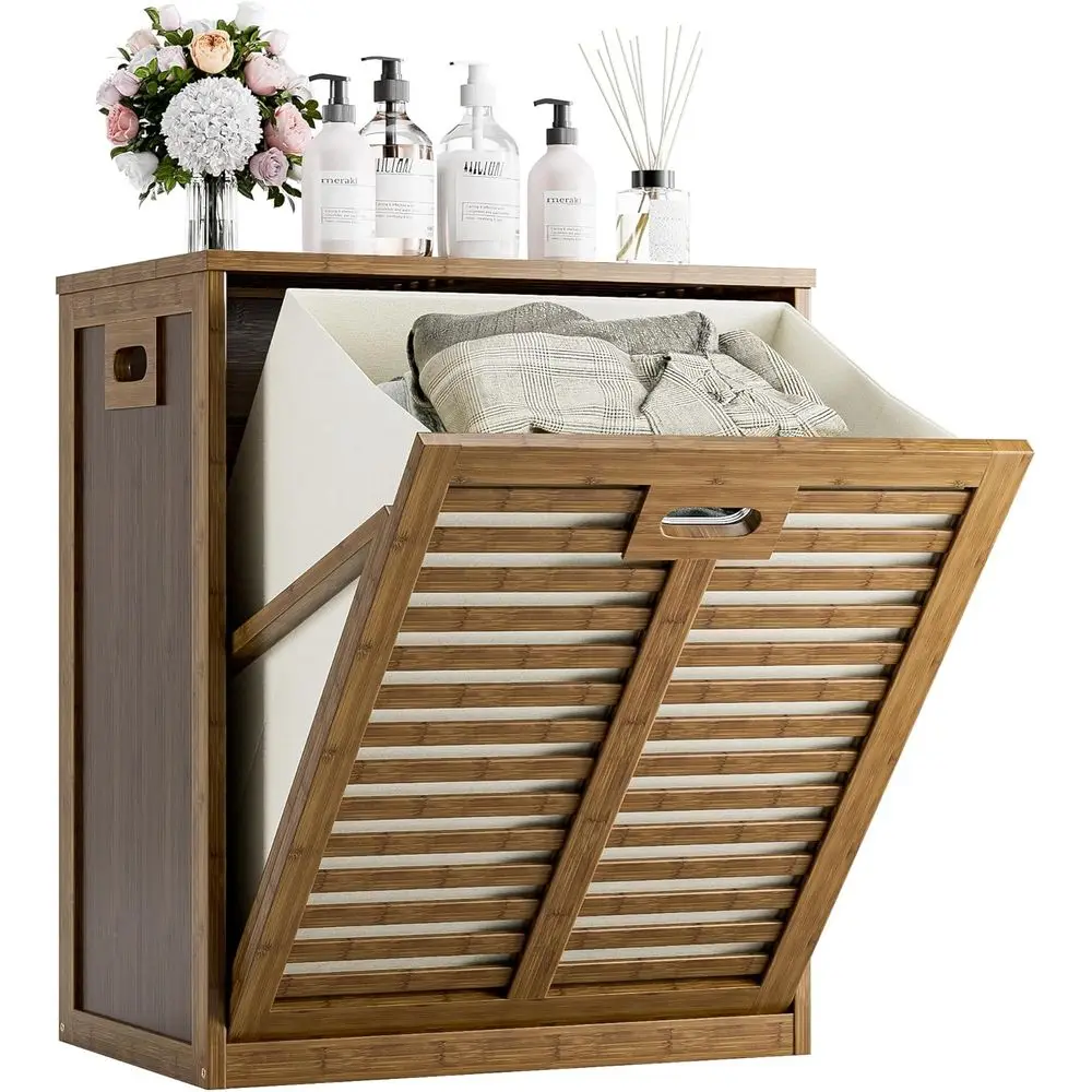 

Tilt Out Laundry Hamper, Bathroom Storage Cabinet with Hidden Removable Basket and 3 Sides Cutout Handles, Freestanding Kitchen