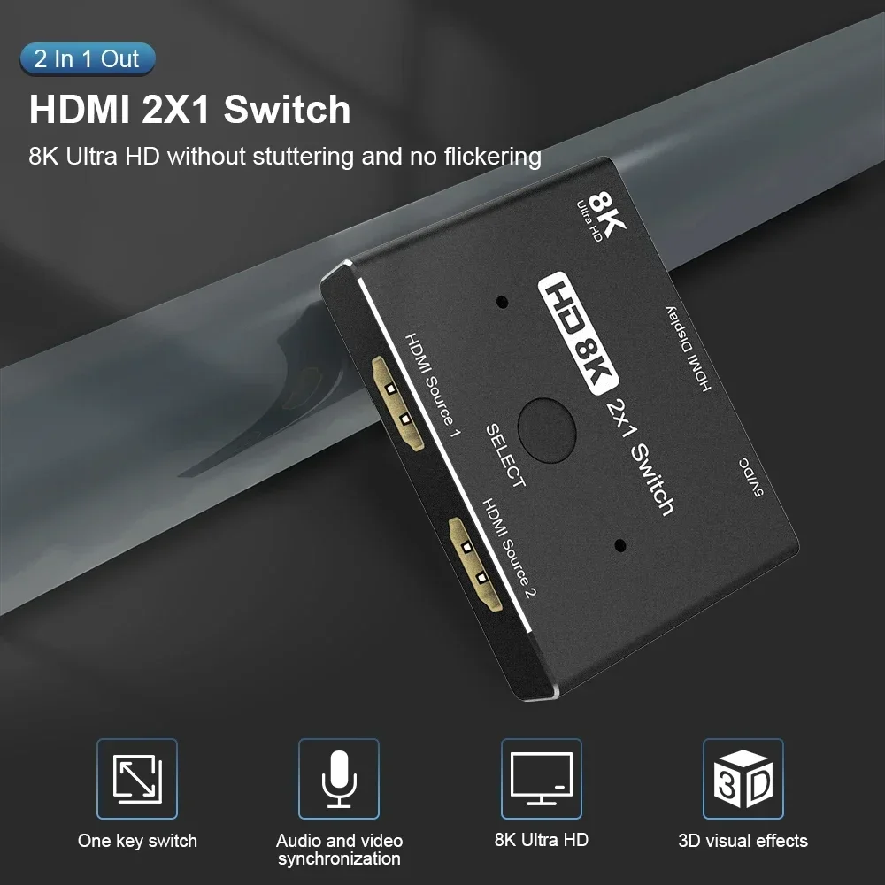 8K Video Switcher HDMI 2.1 2 in 1 Out 8K@60Hz 4K@120Hz HDMI Switch 8k 2x1 Audio Video Converter Display Adapter for Laptop PC TV